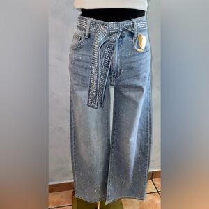 Wide Leg Embellished Women's Jeans - Light Denim